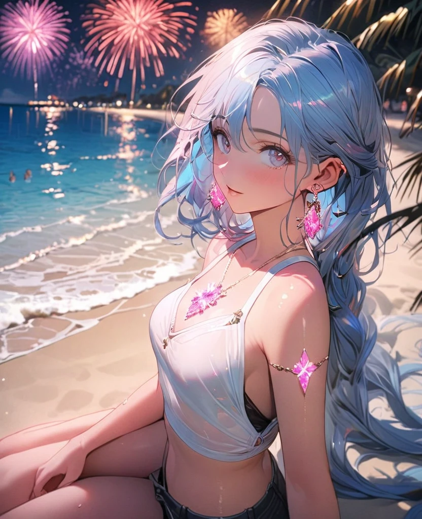 8K,gal,an extremely delicate and beautiful,Beautiful and realistic skin,Shiny jewel-like earrings,pink glowing tattoo,Long blue hair,beautiful eyes,whole body,beautiful tunktop,short pants,Summer beach,Beautiful glowing fireworks