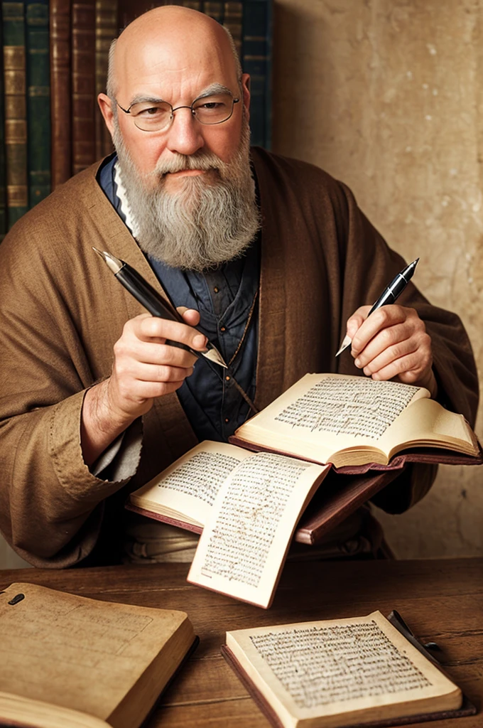 Enlightenment of a medieval scholastic thinker, baldie, with white beard, book and writing pen, photography realistic