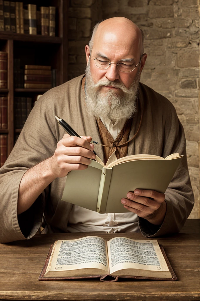 Enlightenment of a medieval scholastic thinker, baldie, with white beard, book and writing pen, photography realistic