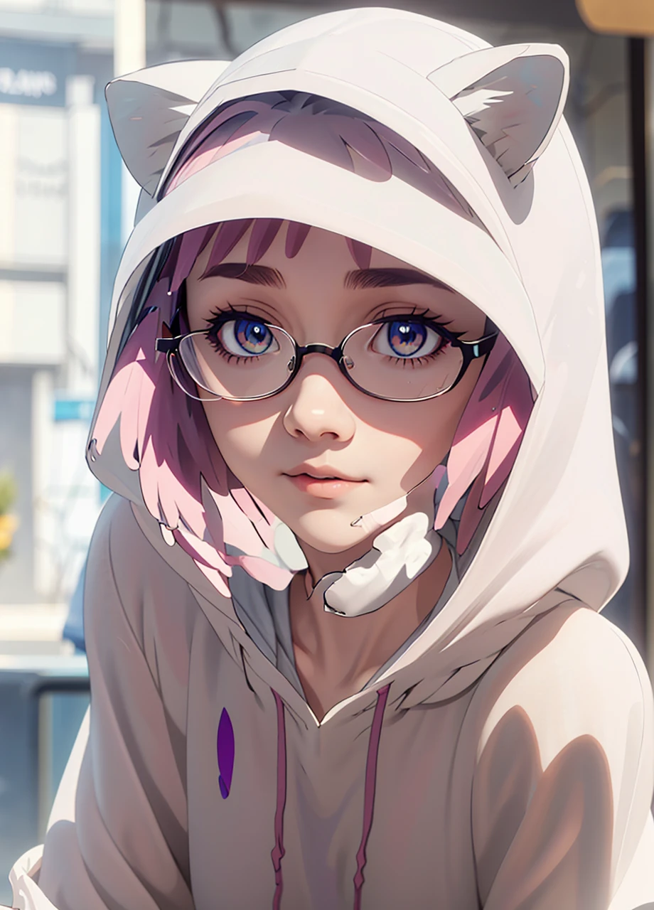 (masterpiece, best quality), 1girl, beautiful face,  cat hoodie,  glasses, Half-Up, Half-Down,