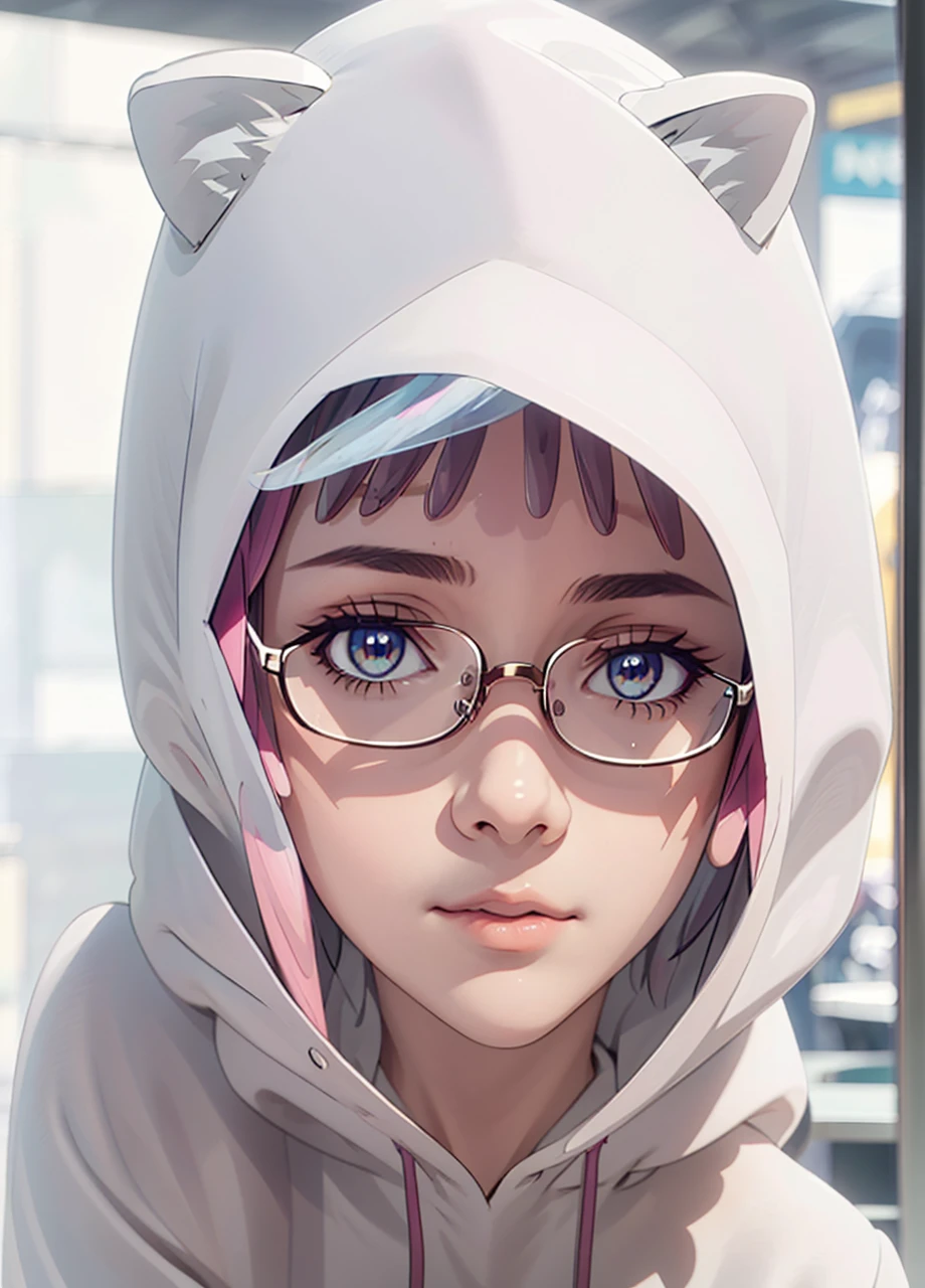 (masterpiece, best quality), 1girl, beautiful face,  cat hoodie,  glasses, Half-Up, Half-Down,