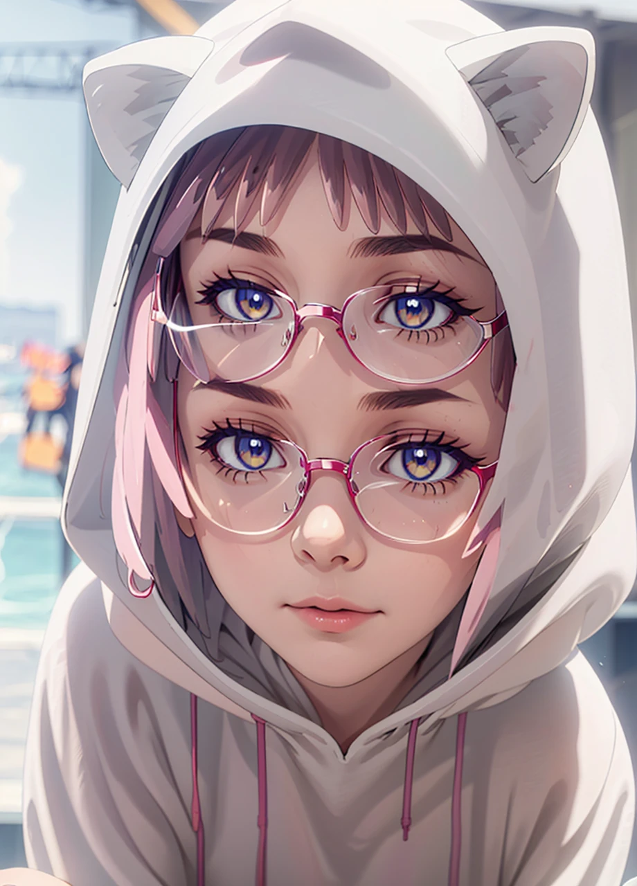 (masterpiece, best quality), 1girl, beautiful face, cat hoodie, glasses, Half-Up, Half-Down,
