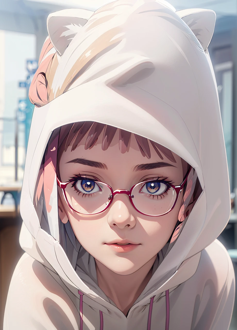 (masterpiece, best quality), 1girl, beautiful face,  cat hoodie,  glasses, Half-Up, Half-Down,