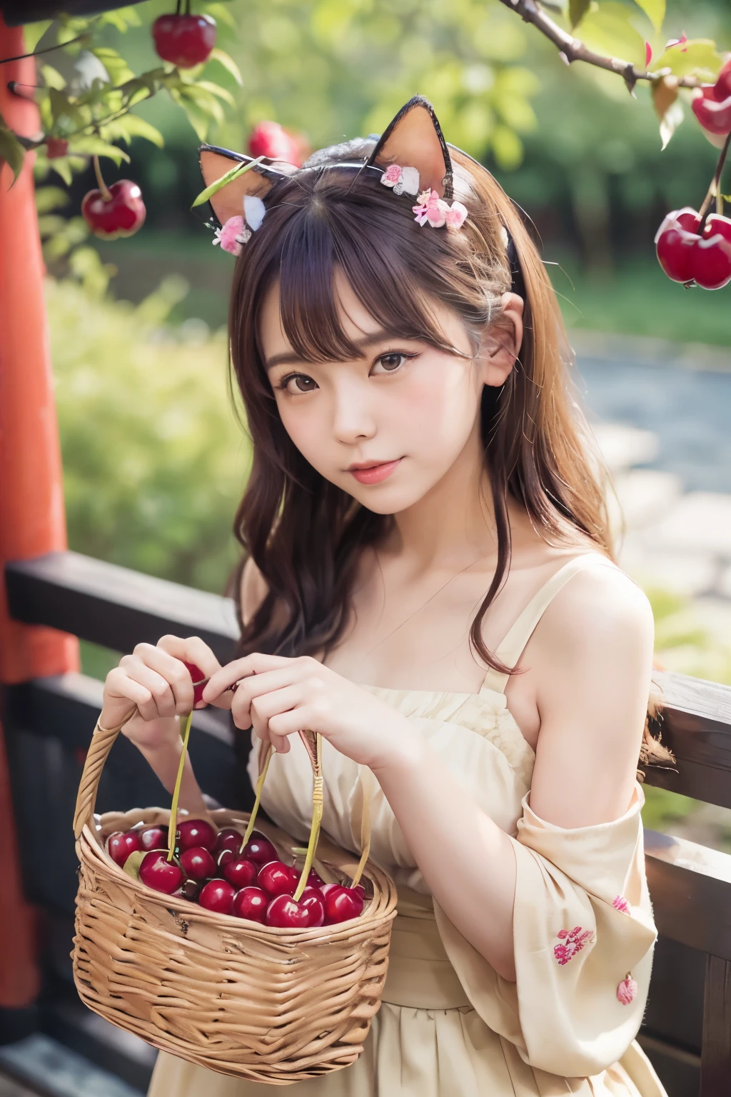 Masterpiece, 16K, bokeh,
(Beautiful girl),  
(cat ears:1.3), (Japanese idle:1.6),

(Beautiful woman holding a basket full of cherries with both hands)

cherry patern dress
(many cherry fruits:1.5)