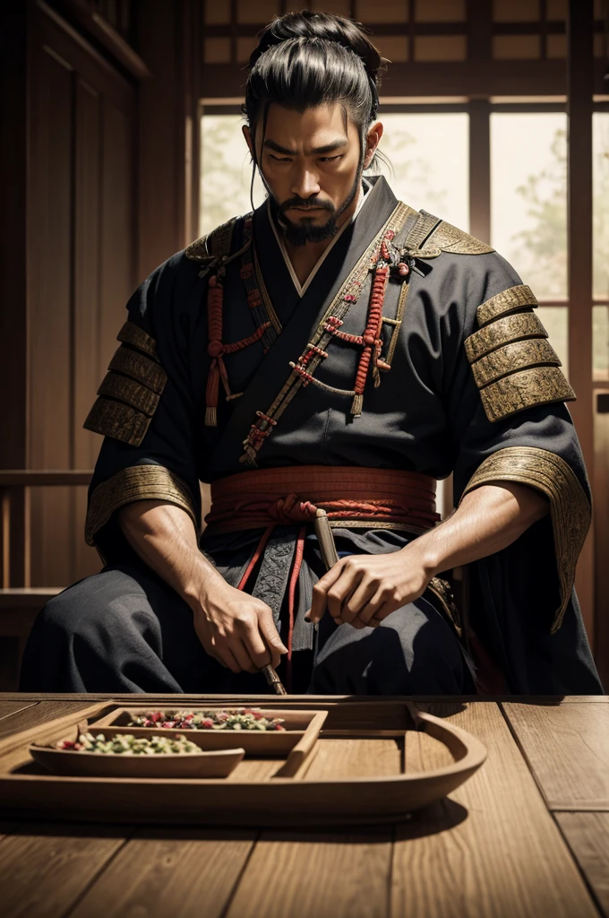 (Artwork, Best Quality), Intricate Details, 8K, Samurai, Man, Vague Background, Seriousness, Sitting, Table, Looking