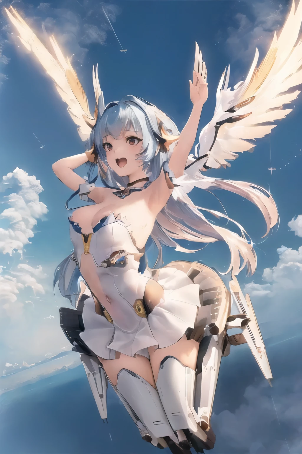 (mechanical_wings:1.4), (thrusters:1.4), 1girl,solo, full body,(mecha musume:1.1),wings, (flying in the sky:1.8), (floating:1.3), blue sky, cloud, pair wings, asymmetrical wings, spread wings, mechanical wings, wide shot, (masterpiece, best quality, high quality, highres, ultra-detailed),