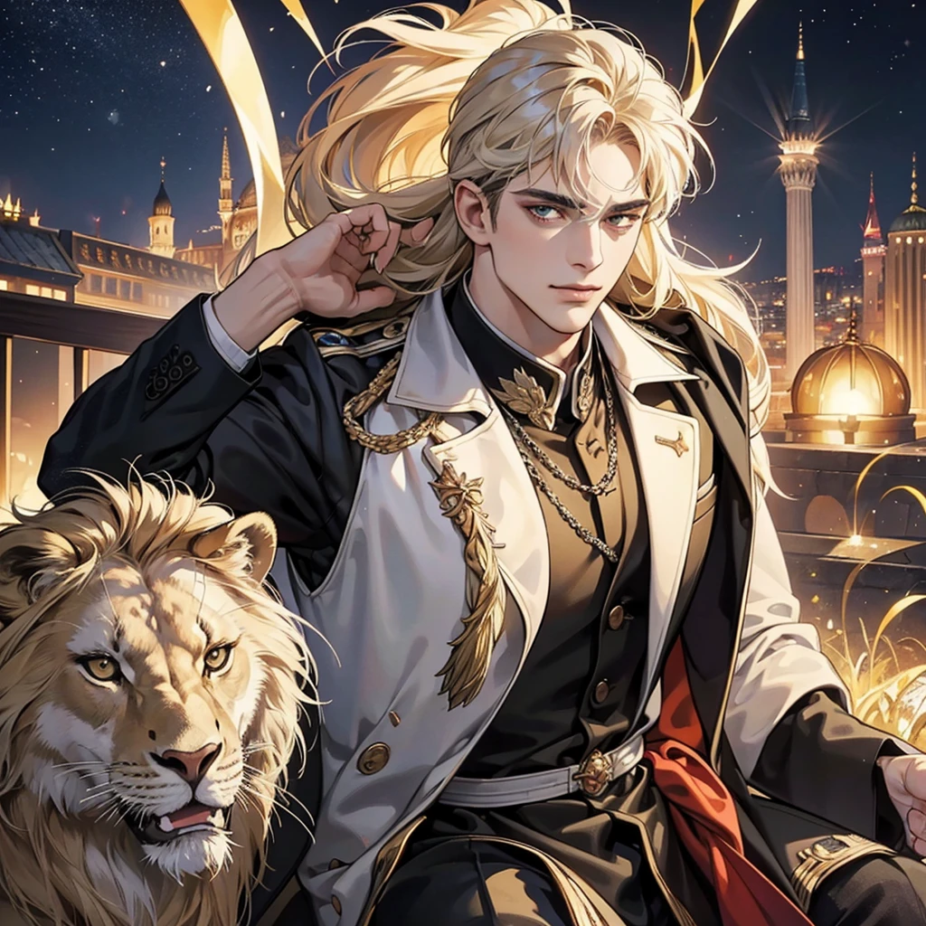 A portrait of a 34-year-old Constantine the Great, revived in the modern age, with a gentle smile and the powerful gaze of a lion, conveying an overwhelming aura of dominance, wearing a high-end suit as a successful businessman, set against the fantastical and urban night scenery of Istanbul's glittering jewel-like cityscape, masterfully rendered in the highest quality, ultra-detailed, and breathtakingly beautiful.