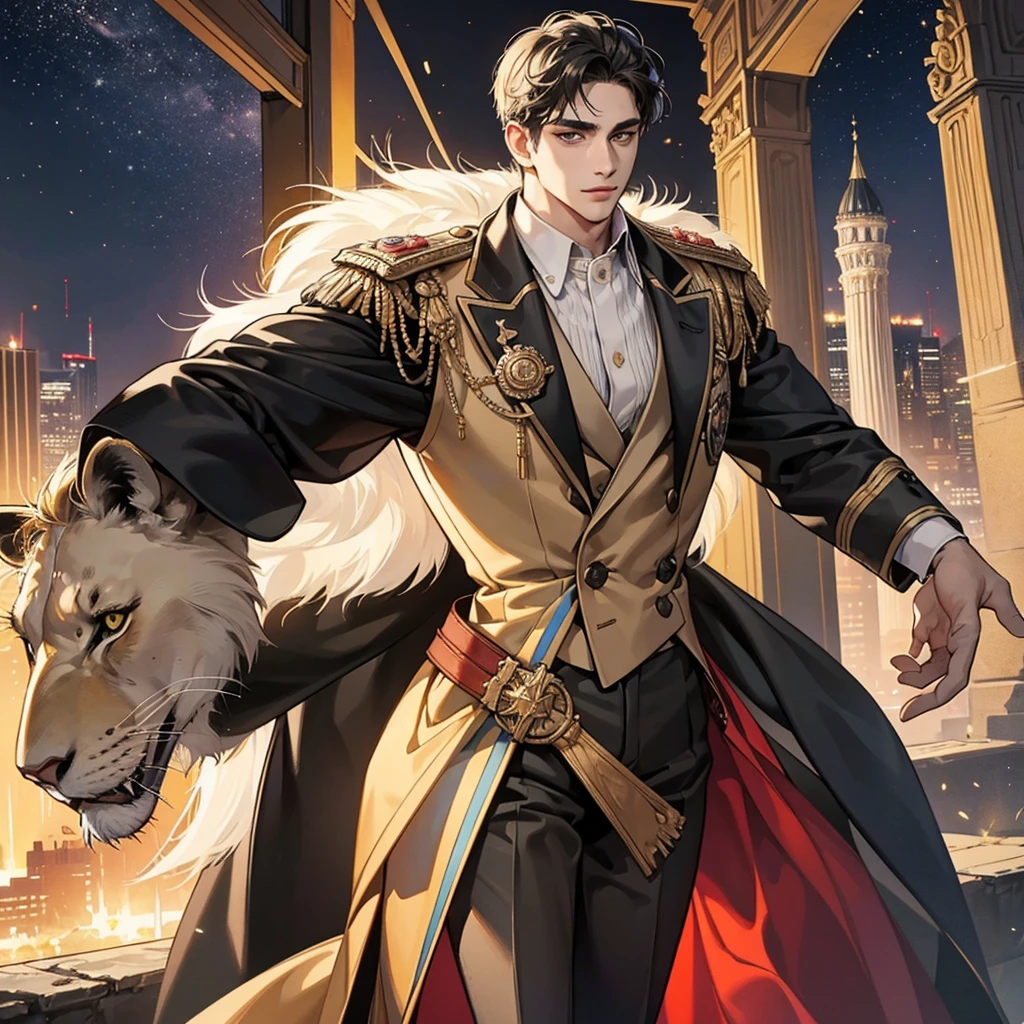 A portrait of a 34-year-old Constantine the Great, revived in the modern age, with a gentle smile and the powerful gaze of a lion, conveying an overwhelming aura of dominance, wearing a high-end suit as a successful businessman, set against the fantastical and urban night scenery of Istanbul's glittering jewel-like cityscape, masterfully rendered in the highest quality, ultra-detailed, and breathtakingly beautiful.