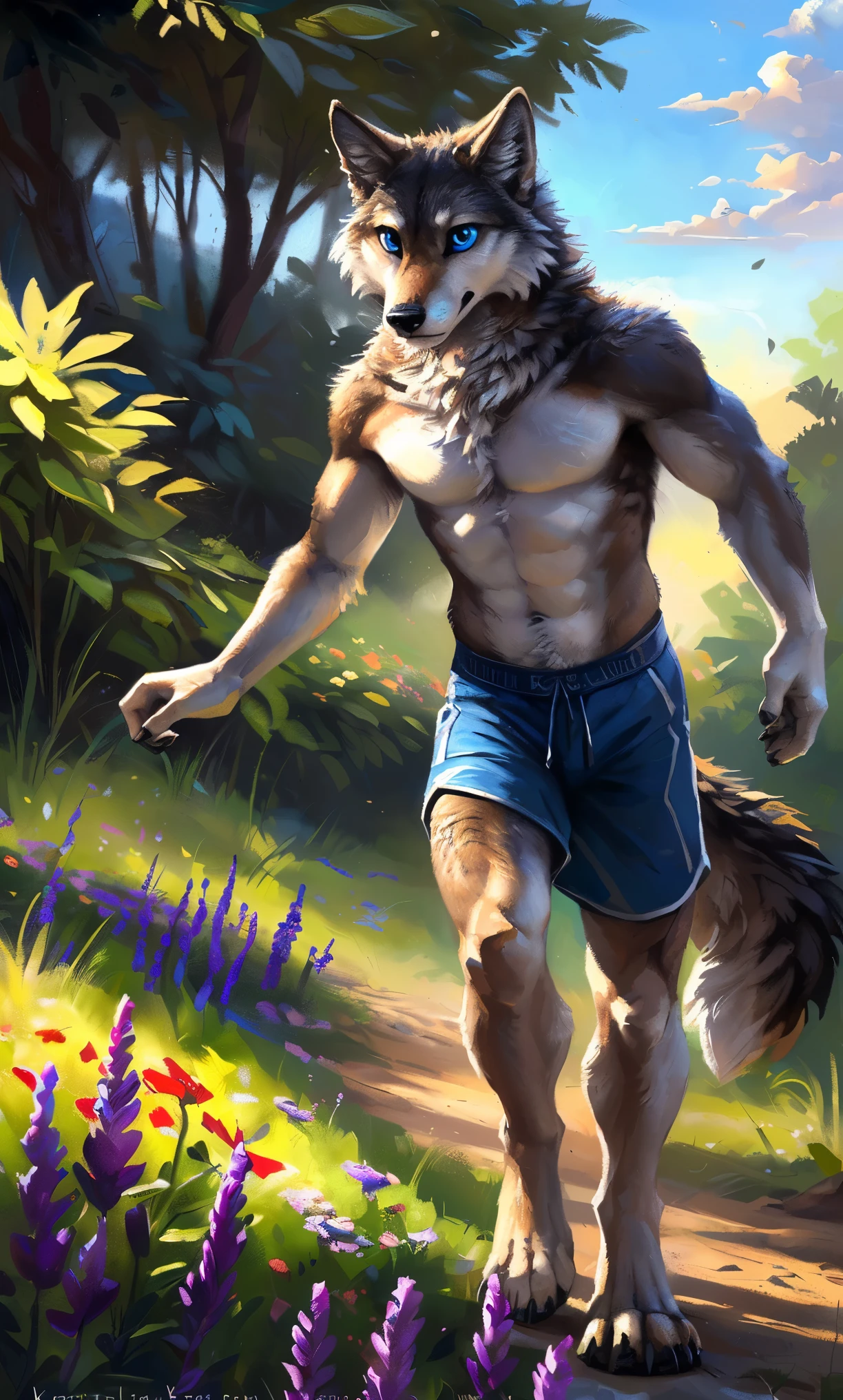 ((Solo)), male people, anthro wolf, (Multi-colored fur, White-brown:1.3,White tail pointed), (Height 2.1m,Tail length 1.2m), ((Wolf face, Big eyes, White eyelids, Blue pupil, Slim:1.2) (Tough, Calm expression:1.2)), Abs, Slim, pinging)), (Correct anatomy), (Work shorts:1.1), The upper body naked, (detailed outfits),A long big tail,Feet,(Realistic fur, Detailed fur texture, labeled:1.3)), (Natural lighting), Photorealistic, Hyperrealistic, ultradetailed, by Kenket,In a sea of flowers,erect through,Running on