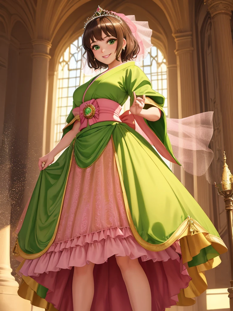 masterpiece, best quality:1.2), 1girl, smile, looking at viewer, green eyes, short brown hair, princess, princess dress, wearing puffy pink ballgown skirt reaching the floor, green kimono, golden tiara with veil, standing in ballroom of medieval castle