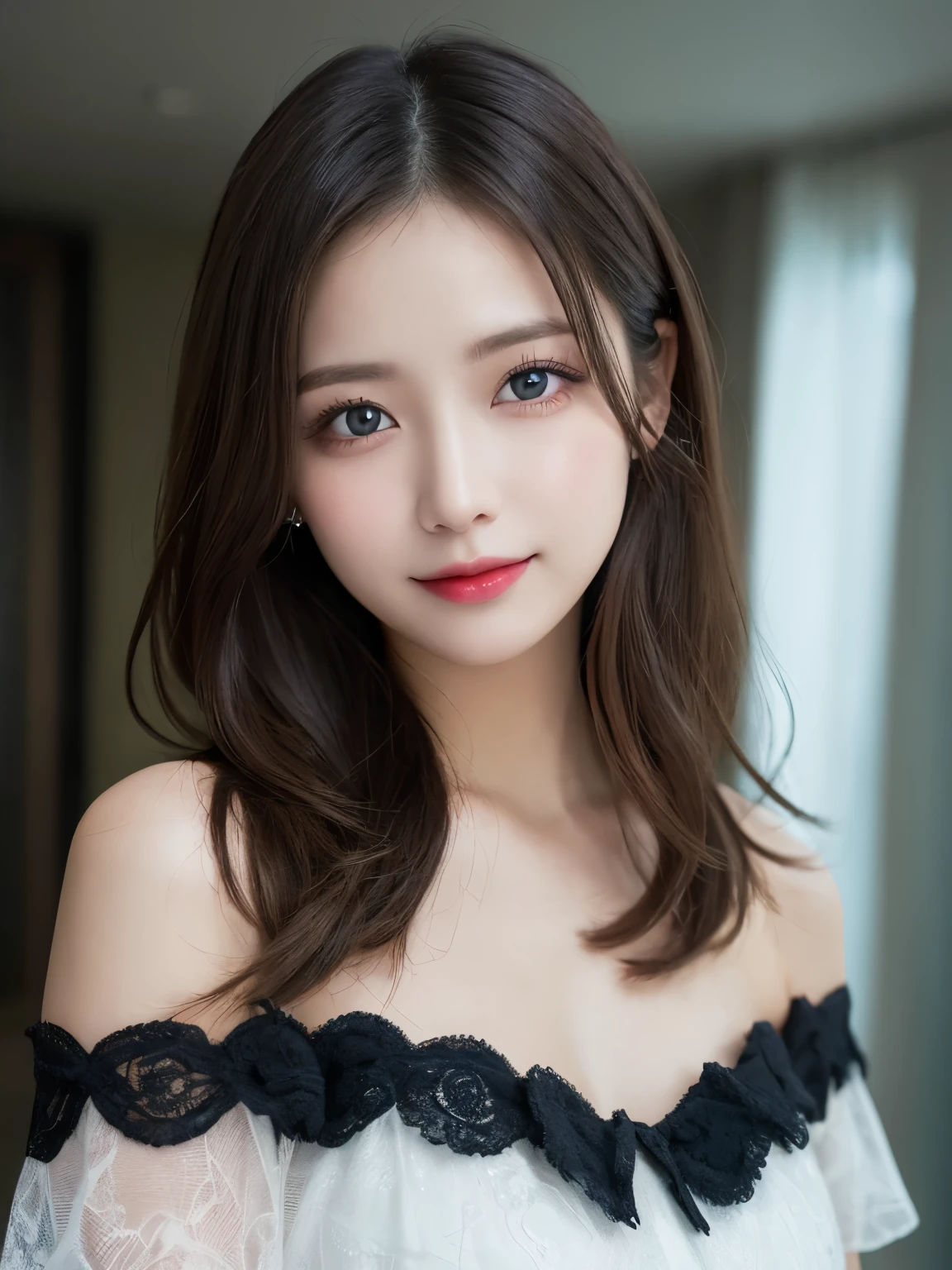 table top, highest quality, shape, Super detailed, finely, High resolution, 8k wallpaper, Perfect dynamic shape, beautiful and detailed eyes, D cup, natural color lip, random sexy pose,smile、20 year old girl、midnight、Beautiful and dense face、perfect and beautiful face,Big eyes、real photos(best image quality),Sheer off-shoulder dress (black)、looking at camera、Please stand、Do gal makeup,blurred background