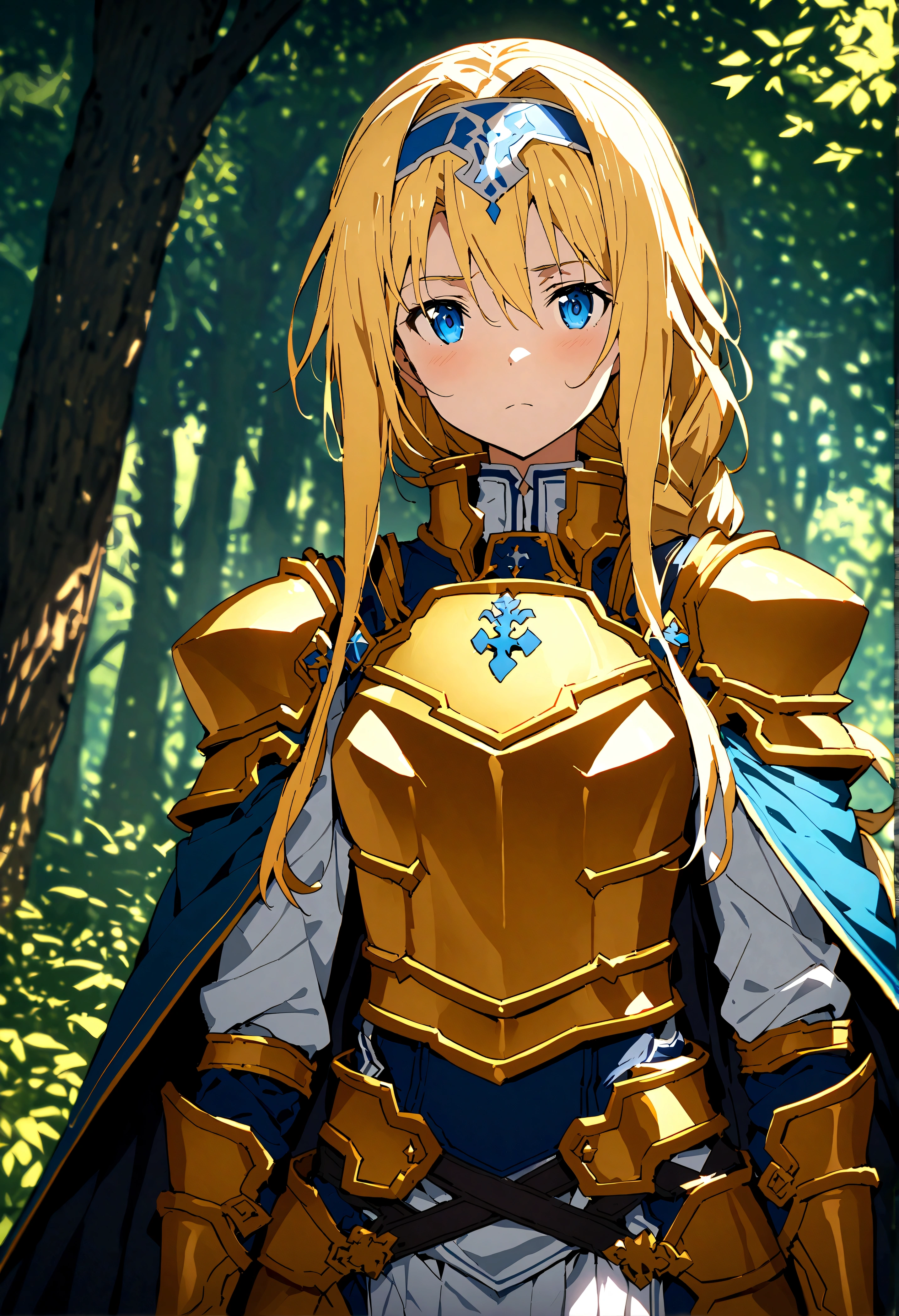 NSFW,masterpiece,Highest quality,High resolution,Super detailed,(Sword Art Online\), Alice Zuberg、bangs、blue eyes、Blonde Hair、Hair between the eyes、Very long hair、Braid、hair band、白いhair band,dress、Cape、armor、青いdress、Shoulder rest、Gauntlet、Scapula、breastplate、armor付きdress、Fold、青いCape、knight、金のarmor,Body Armor,in the forest