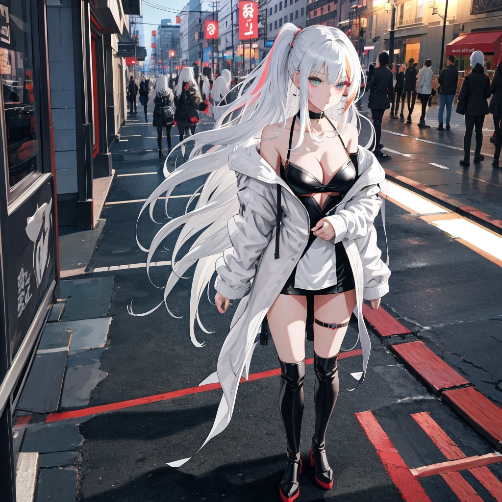 ONLY ONE ANIME GIRL 
THAT ONE Anime girl with long white hair and black leather jacket is walking down the street, Girl with silver hair, perfect girl, Anime style. 8K, guweiz, Seductive , guweiz on pixiv artstation, Cyberpunk, bangs, strictly straight haircut, long hair, off shoulder, oversized CLOTHING, white with silky Top, bare legs, thigh, cleavage, collarbone, (extremely detailed CG unity 8k wallpaper, masterpiece, best quality, ultra-detailed, best shadow), (masterpiece:1.2, best quality),((Heterochromia_eyes)(multicolor eyes)
(Right eye: red_color)
(Left eye: gray_color))
Blunt_bangs, straight_bangs, silver_bangs, carefully_styled_bangs, Sleek_bangs, strictly_straight_sidelocks,
Strictly_Straigh_hairstyle, long_hairstyle, straight _cutted_hair, SLIM SLENDER MODEL PERFECT BODY, cute, thigh strap, outside, out door, raining, night, wet clothes, 