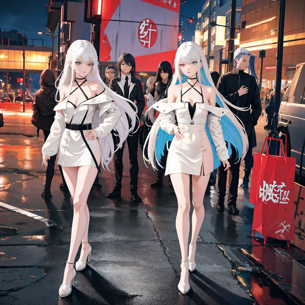 ONLY ONE ANIME GIRL 
THAT ONE Anime girl with long white hair and black leather jacket is walking down the street, Girl with silver hair, perfect girl, Anime style. 8K, guweiz, Seductive , guweiz on pixiv artstation, Cyberpunk, bangs, strictly straight haircut, long hair, off shoulder, oversized CLOTHING, white with silky Top, bare legs, thigh, cleavage, collarbone, (extremely detailed CG unity 8k wallpaper, masterpiece, best quality, ultra-detailed, best shadow), (masterpiece:1.2, best quality),((Heterochromia_eyes)(multicolor eyes)
(Right eye: red_color)
(Left eye: gray_color))
Blunt_bangs, straight_bangs, silver_bangs, carefully_styled_bangs, Sleek_bangs, strictly_straight_sidelocks,
Strictly_Straigh_hairstyle, long_hairstyle, straight _cutted_hair, SLIM SLENDER MODEL PERFECT BODY, cute, thigh strap, outside, out door, raining, night, wet clothes, 