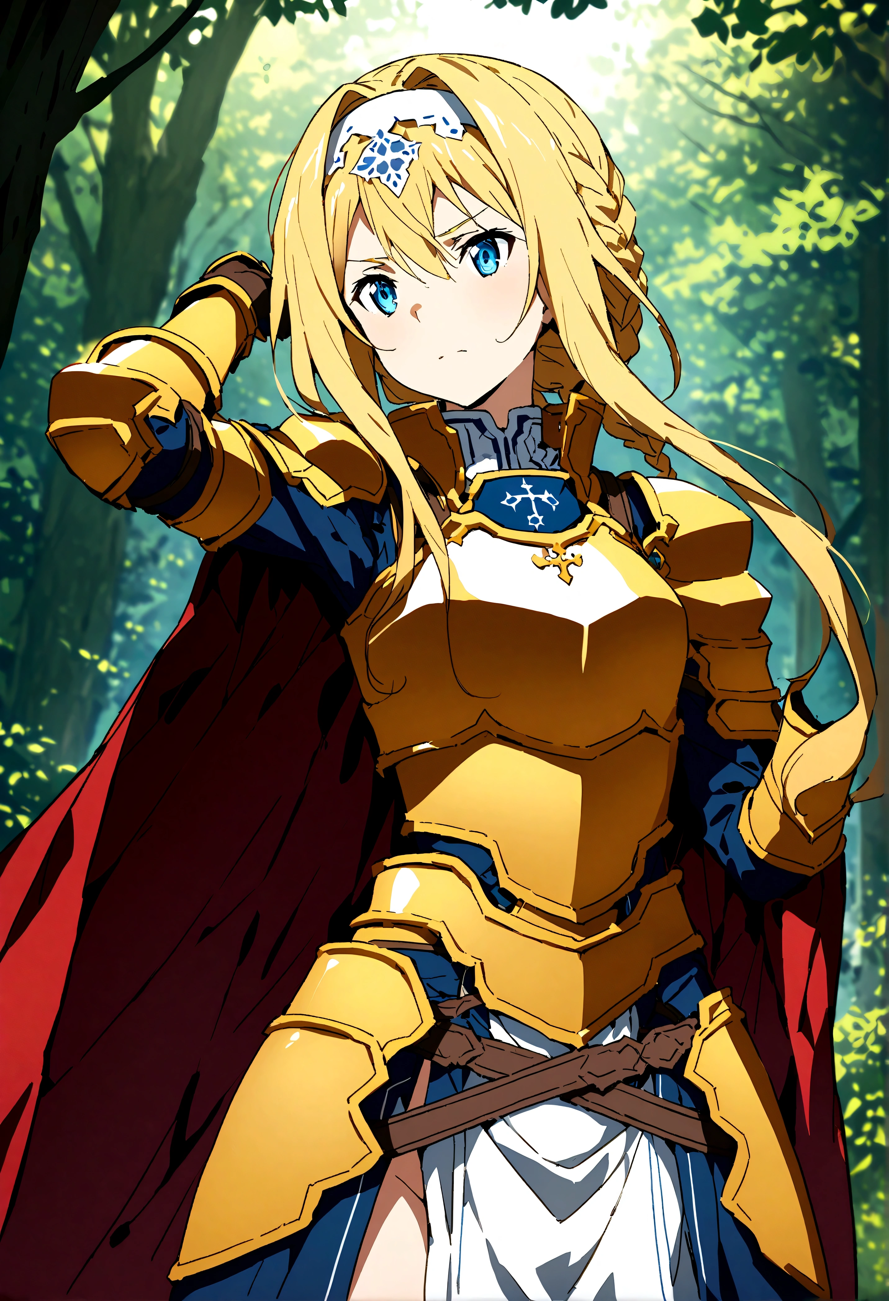 NSFW,masterpiece,Highest quality,High resolution,Super detailed,(Sword Art Online\), Alice Zuberg、bangs、blue eyes、Blonde Hair、Hair between the eyes、Very long hair、Braid、hair band、白いhair band,dress、Cape、armor、青いdress、Shoulder rest、Gauntlet、Scapula、breastplate、armor付きdress、Fold、青いCape、knight、金のarmor,Body Armor,in the forest