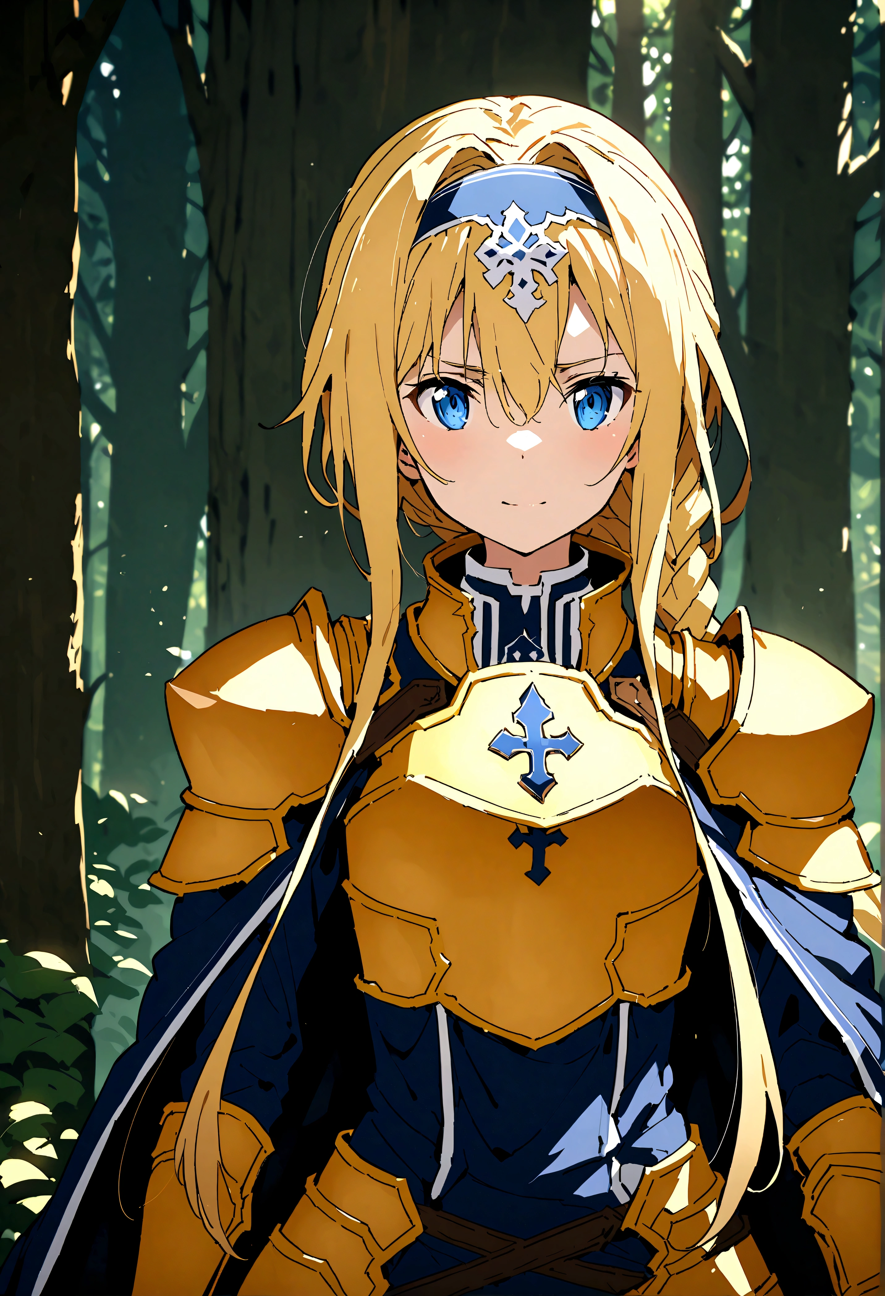 NSFW,masterpiece,Highest quality,High resolution,Super detailed,(Sword Art Online\), Alice Zuberg、bangs、blue eyes、Blonde Hair、Hair between the eyes、Very long hair、Braid、hair band、白いhair band,dress、Cape、armor、青いdress、Shoulder rest、Gauntlet、Scapula、breastplate、armor付きdress、Fold、青いCape、knight、金のarmor,Body Armor,in the forest