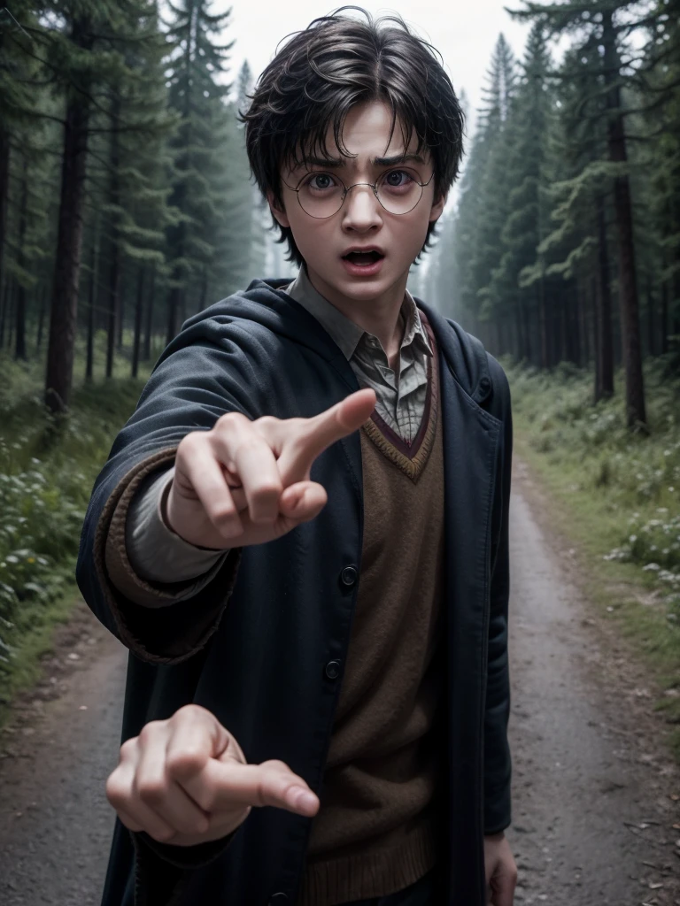 Boy character from the Harry Potter universe in Lé in front of a dark forest, angry facial expression, pointing Harry Potter&#39;s wand to attack someone, death eaters around, Slytherin house clothes, snow-white hair ruffled, wand with green aura around, Avada Kedavra, 4K anime-style, RGB lighting,