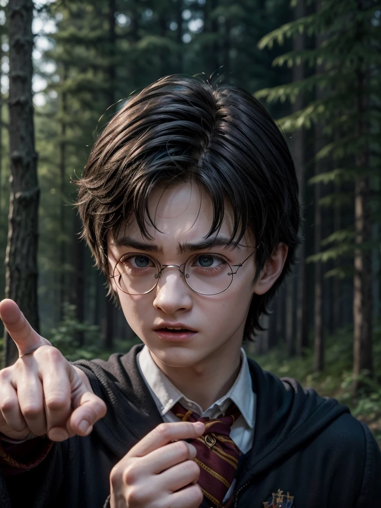 Boy character from the Harry Potter universe in Lé in front of a dark forest, angry facial expression, pointing Harry Potter&#39;s wand to attack someone, death eaters around, Slytherin house clothes, snow-white hair ruffled, wand with green aura around, Avada Kedavra, 4K anime-style, RGB lighting,