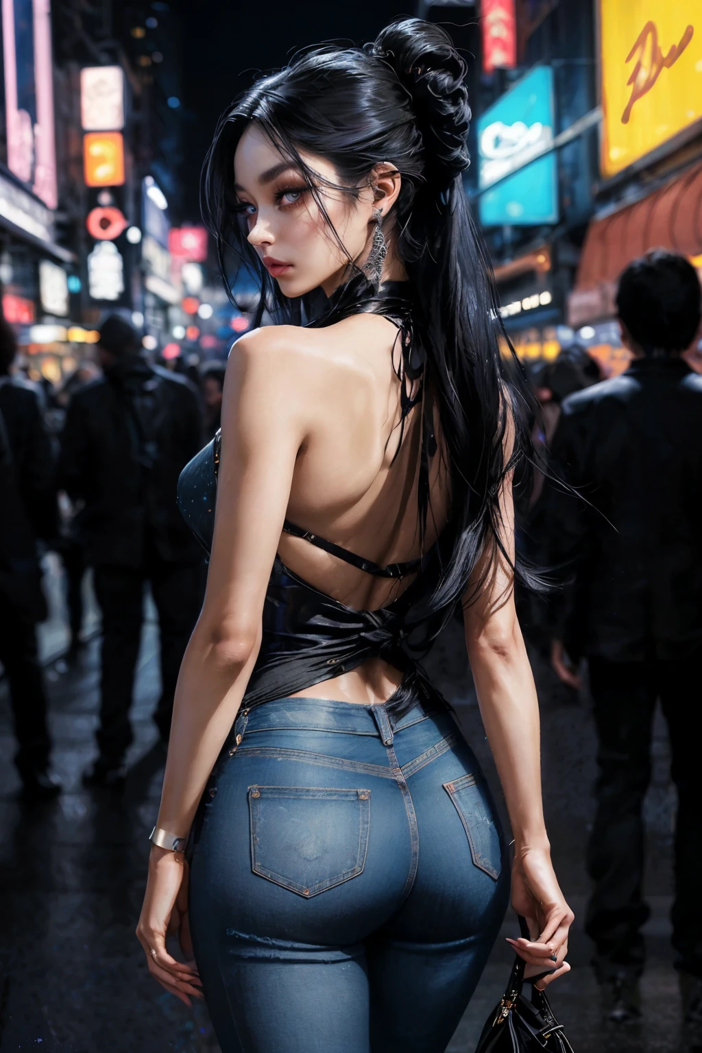 The image depicts a young woman strolling through a vibrant nighttime urban landscape, illuminated by myriad hues of neon lights, surrounded by a bustling crowd. She is attired in an unconventional black dress, featuring an intricate star-like pattern on the top, paired with denim jeans. The dress's fabric is smooth and sleek, conveying a sense of elegance and mystery. Her long, raven-black hair cascades down her back, some sections carefully tied up to accentuate the back of her neck. The makeup she sports highlights her eyes, drawing attention to their captivating depth. The overall aesthetic is one of subtle glamour and en