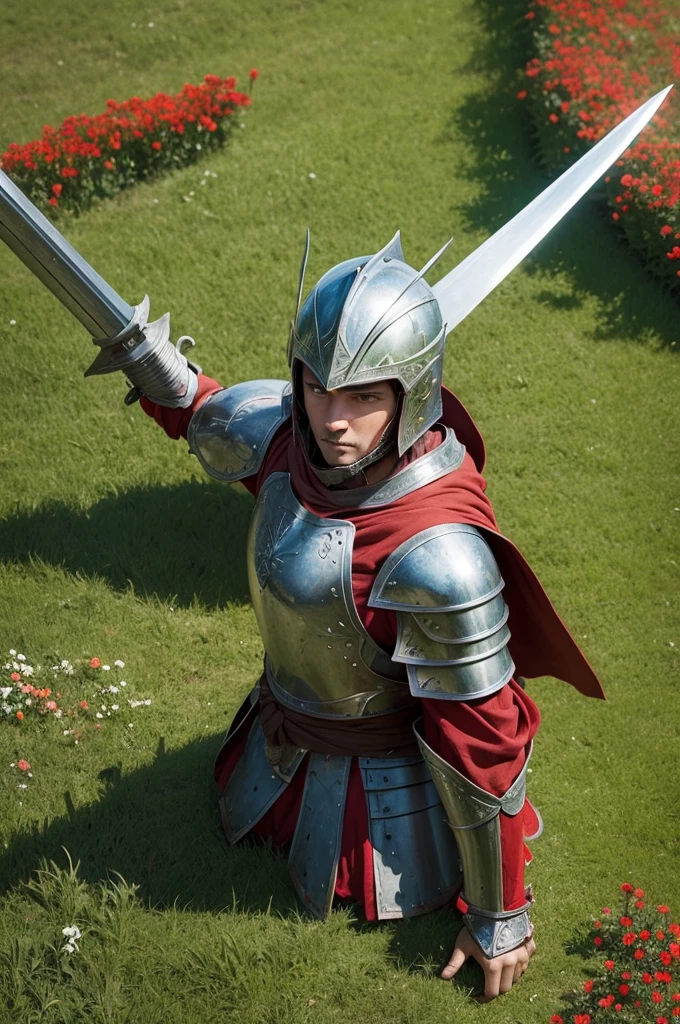Warrior with armor and wearing a helmet and sword, lying in a soft green field, blooming with red flowers. The view of the image is from above, like a bird. luzes intensas, heavy colors. medieval fantasy.