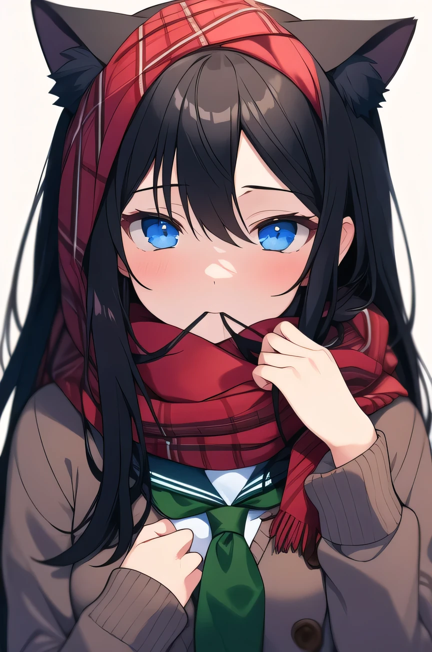 ((Highest quality)), ((masterpiece)), (detailed), One girl, Black hair and cat ears,Hair down to chest、The tips are tied in front of the ears with red ribbons.,Red plaid scarf,Her mouth is covered with a scarf, She is wearing a dark grey cardigan over her navy blue sailor uniform.,Slender,Red, sleepy eyes,Downer,Small breasts,No background,Expressionless,Confused eyes,Color scheme: about 16 colors、Click to see the shadows,((Low Saturation)),(warm color),Strong shadow,So that your whole body can be seen,Hands reflected pose,手はHighest quality,He has his arms out in front of him, holding a gun,