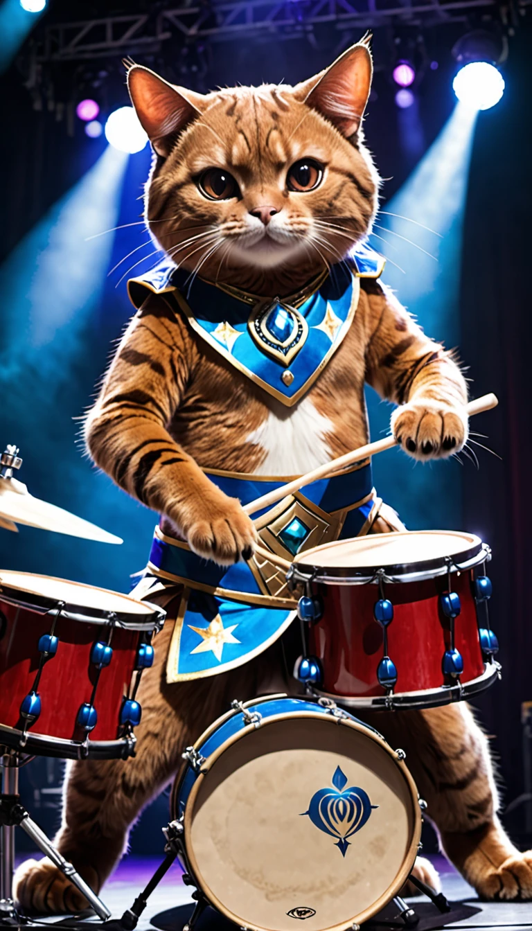 A brown cat wearing an idol costume playing drums on stage