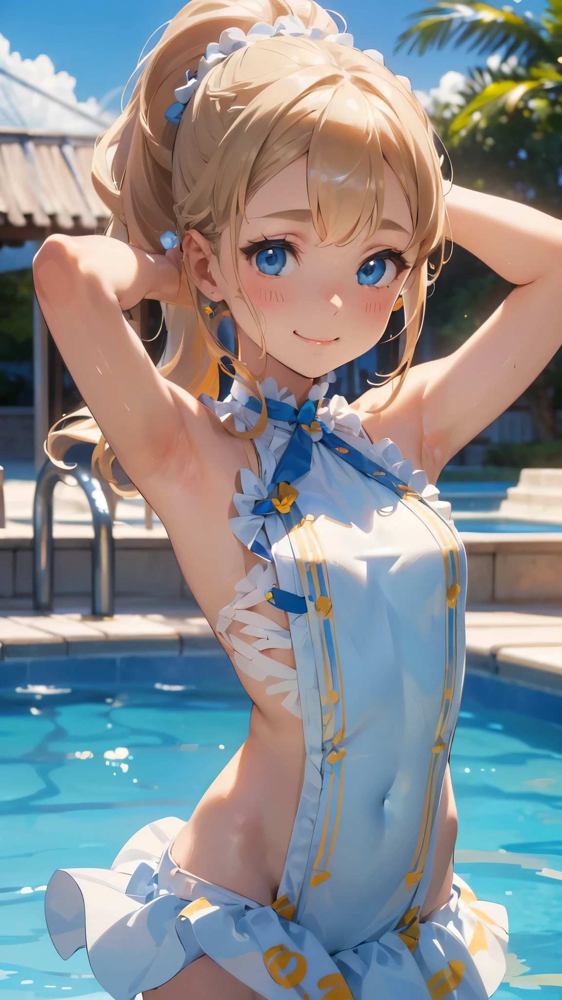 (perfect anatomy, balanced proportions, extremely cute illustration:1.1), poolside, blond hair, blue eyes, wavy long hair, ponytail, hairstyle with the bangs cut in half, (arms behind head, armpits:1.2),  (embarrassed, smiling:1.2), (detailed gorgeous pink idol costume with a lot of frills), , (little gute round face),