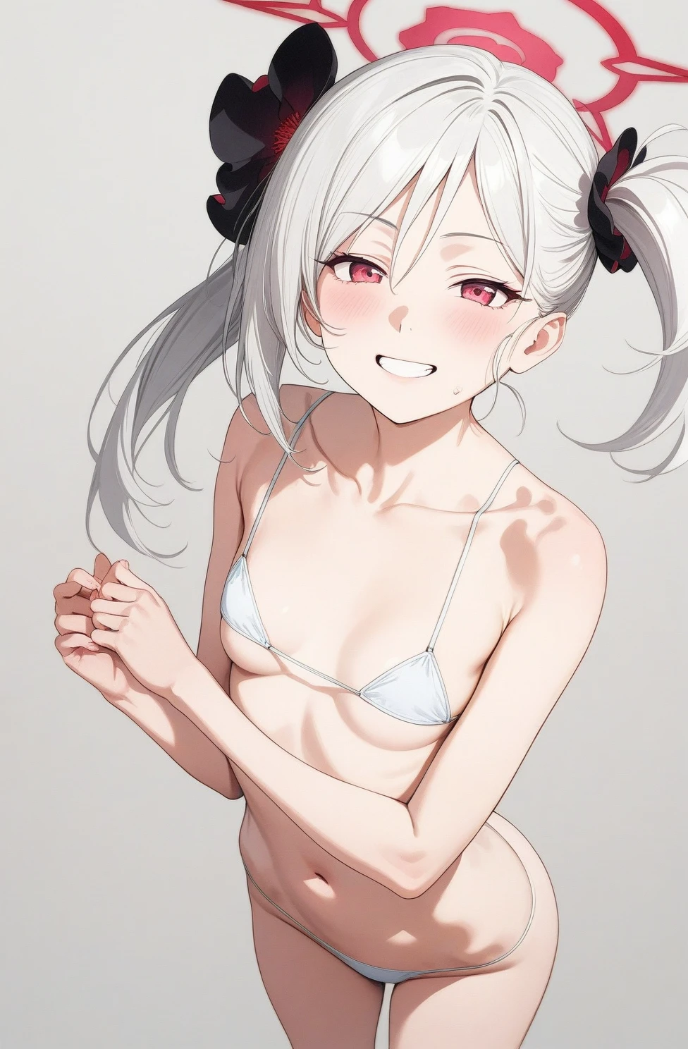 best quality, amazing quality, very aesthetic, absurdres, (1girl, mutsuki, blue archive, solo, red eyes, white hair, side ponytail), (artist official art:1.5), (realistic face), (grin, lowleg bikini, ), (cowboy shot), , (half closed eyes:0.7), (thigh), expressive eyes, 4k, extremely detailed eyes, enhanced details, perfect anatomy, light rays,  extremely delicate body, smooth skin, (gray background:1.5), cristal clear eyes, beautiful face, small breasts
