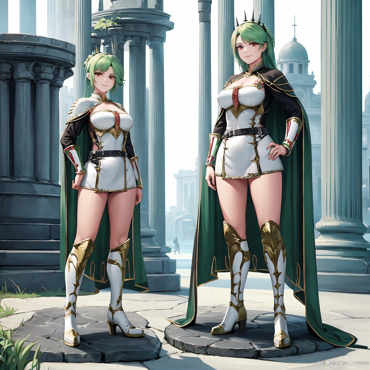 (((full body photo))) A woman wearing Lorica segmentata armor, plate armor breastplate, short green skirt, metal boots, Roman centurion helm, long green hair, red eyes, smiling, standing on a concrete Roman temple platform on white background,full body,(woman solo)ultra resolution, very detailed, HDR, masterpiece, 8K hd
