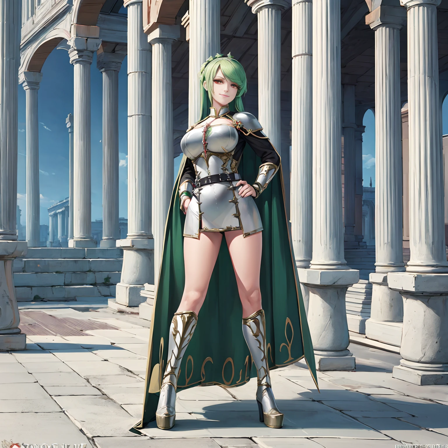 (((full body photo))) A woman wearing Lorica segmentata armor, plate armor breastplate, short green skirt, metal boots, Roman centurion helm, long green hair, red eyes, smiling, standing on a concrete Roman temple platform on white background,full body,(woman solo)ultra resolution, very detailed, HDR, masterpiece, 8K hd
