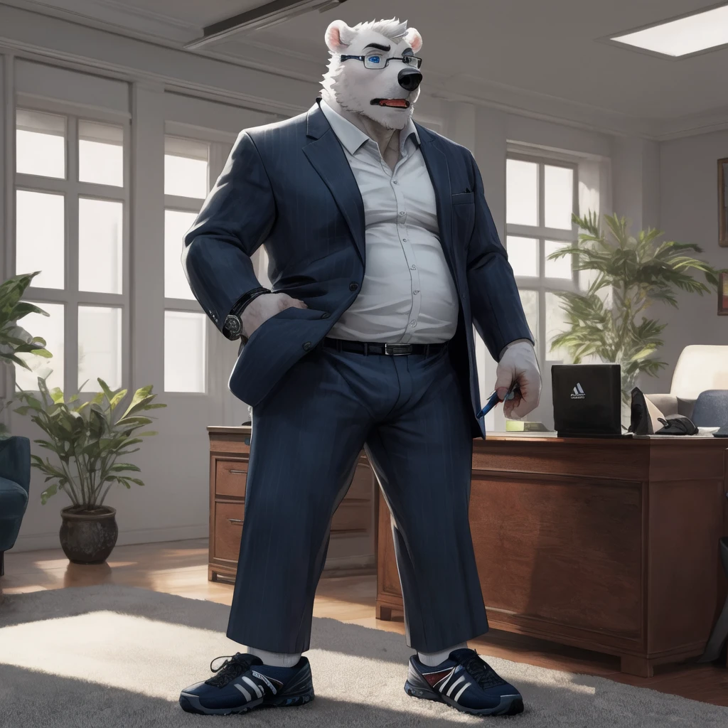 chubby dad male polar bear blue eyes, standing pose , no clothes , white briefs , watch , spread legs ,living room, sunlight, adidas shoes , all white socks , high quality , drawing black lineart , kemono , detailed eyes, crest hairs , polar bear dad male office suit slighly well built glasses, blue eyes head crest hair, opening chest , wearing white sock, disney profile, drawing lineart