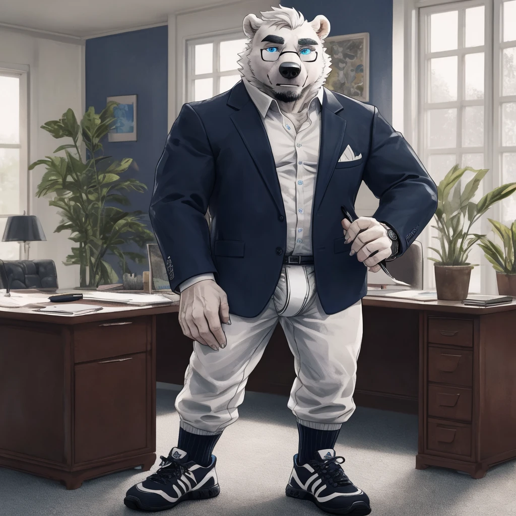 chubby dad male polar bear blue eyes, standing pose , no clothes , white briefs , watch , spread legs ,living room, sunlight, adidas shoes , all white socks , high quality , drawing black lineart , kemono , detailed eyes, crest hairs , polar bear dad male office suit  slighly  well built glasses, blue eyes head crest hair, opening chest , wearing white sock, disney profile,  drawing lineart 
