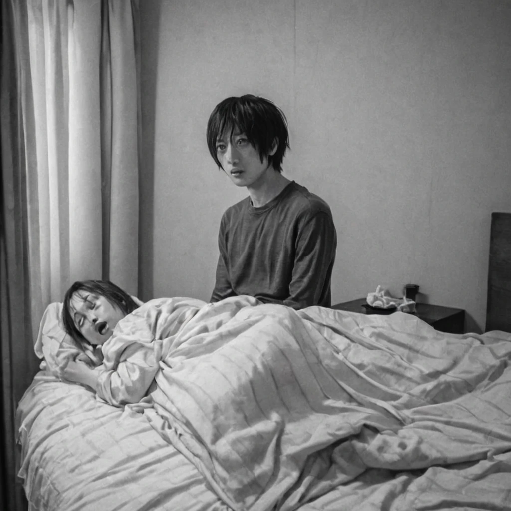 being sucked by the bed, (anime), bizarre scenario, This is Junji, Yusuke Murata, black and white, 8K, anime, horror
