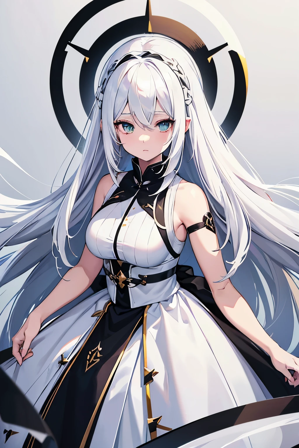 Anime character with long white hair and black dress, deity with white hair, from arc knights, cute anime waifu in nice dress, white hair, in dress, artstation trending on pixiv, from girls front line, white hair, official character art, perfect girl with white hair, lady with white hair,(shining sharp emerald eyes), dress is sleeveless,(perfect hands)