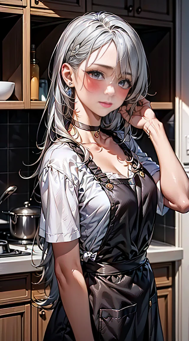 ((Long Hair, Silver Hair:1.8, While tying up her hair:1.6)), (Glowing purple eyes)beautiful, beautiful woman, Perfect Anatomy, Perfect body, Perfect breasts, ((Frill apron:1.95, choker)), (kitchen:1.6), (kitchenに手をついたバックStyle:1.65), ((Looking at the viewer with a blushing face:1.6)), smile, realism, masterpiece, Rough skin , Very detailed, High detail, high quality, 最high quality, 1080P, 16K