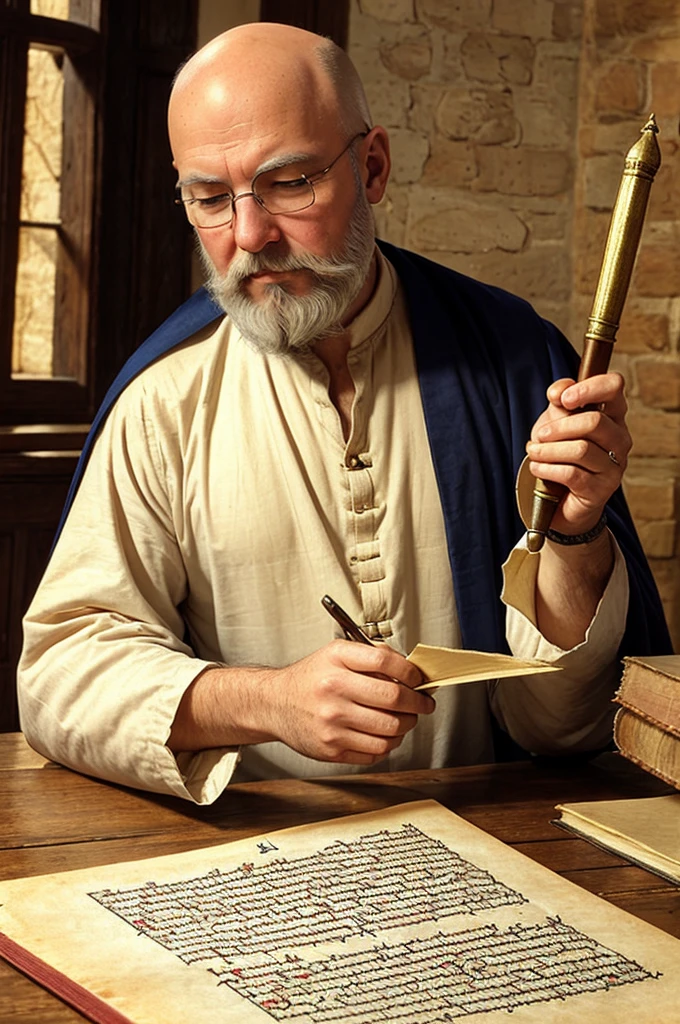 Enlightenment of a medieval scholastic thinker, baldie, with white beard, writing with a quill on parchment, medieval style, realisitic, best qualityer