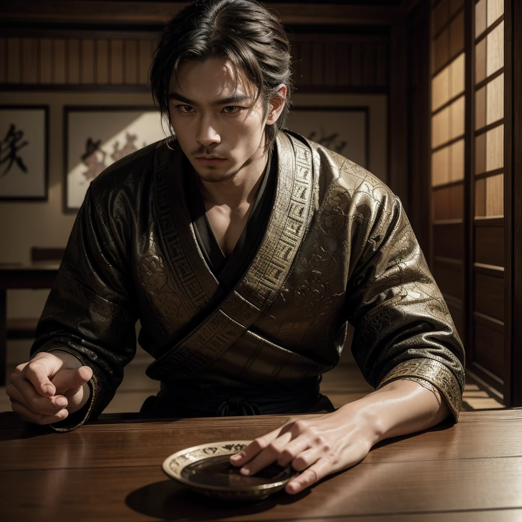 (Artwork, Best Quality), Intricate Details, 8K, Samurai, Man, Vague Background, Seriousness, Sitting, Table, Looking