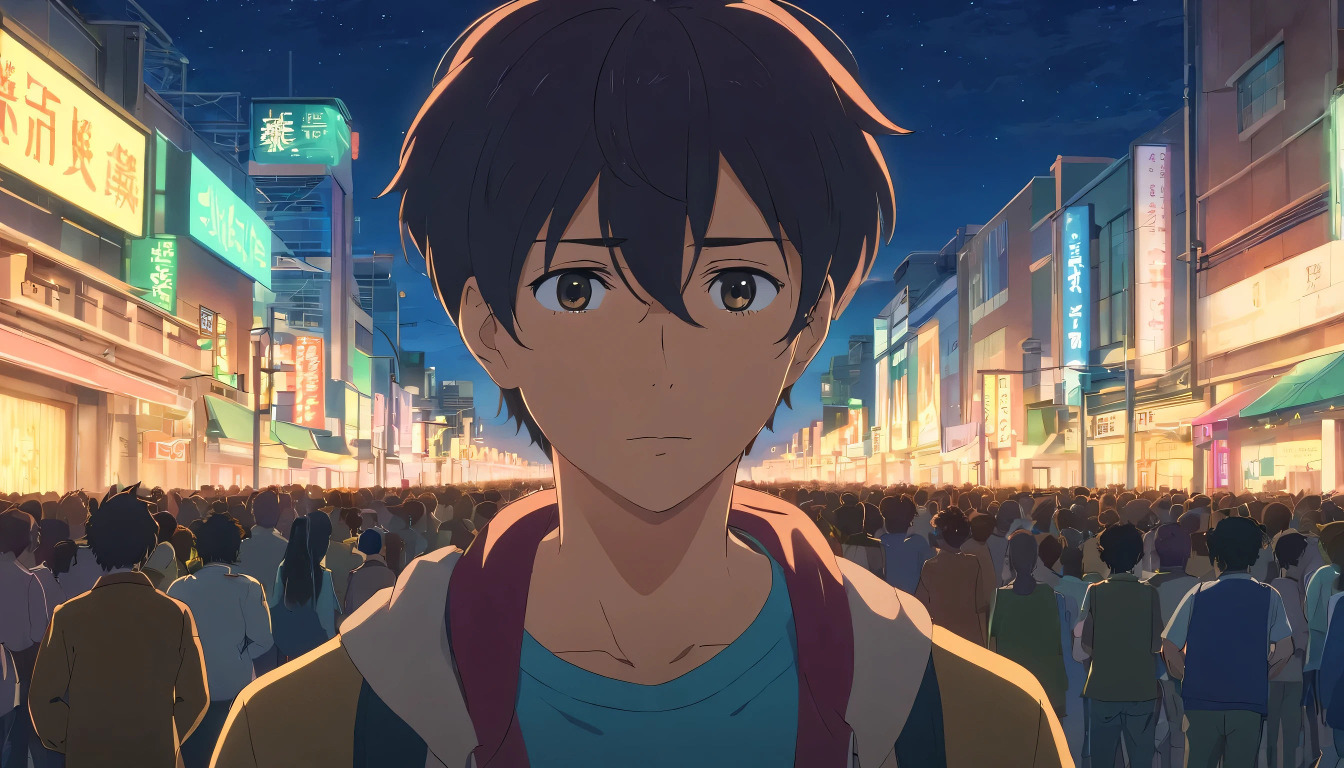 front photo of a sad man's FACE, with a crowd passing behind him, at night