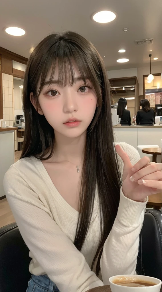 beautiful Japanese woman,double eyelid,clear skin,round face,long face,Swept bangs,in the tokyo,short by DSLR,Adoravle 18 years old,head shot,from front,long hair,at the cafe