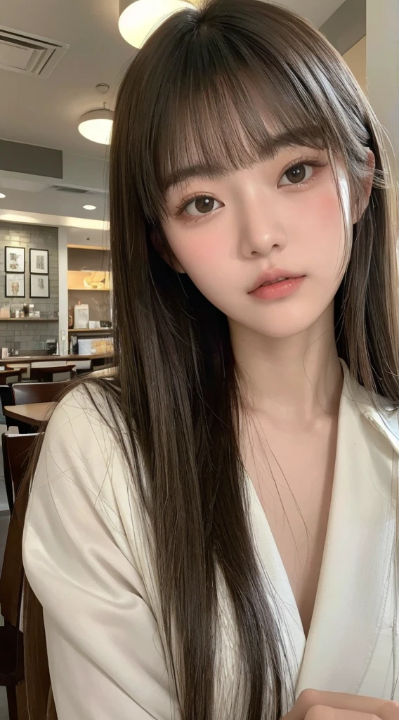 beautiful Japanese woman,double eyelid,clear skin,round face,long face,Swept bangs,in the tokyo,short by DSLR,Adoravle 18 years old,head shot,from front,long hair,at the cafe