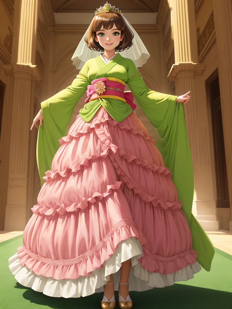 masterpiece, best quality:1.2), 1girl, smile, looking at viewer, green eyes, short brown hair, princess, princess dress, wearing puffy pink ballgown skirt reaching the floor, green kimono, golden tiara with veil, standing in ballroom of medieval castle