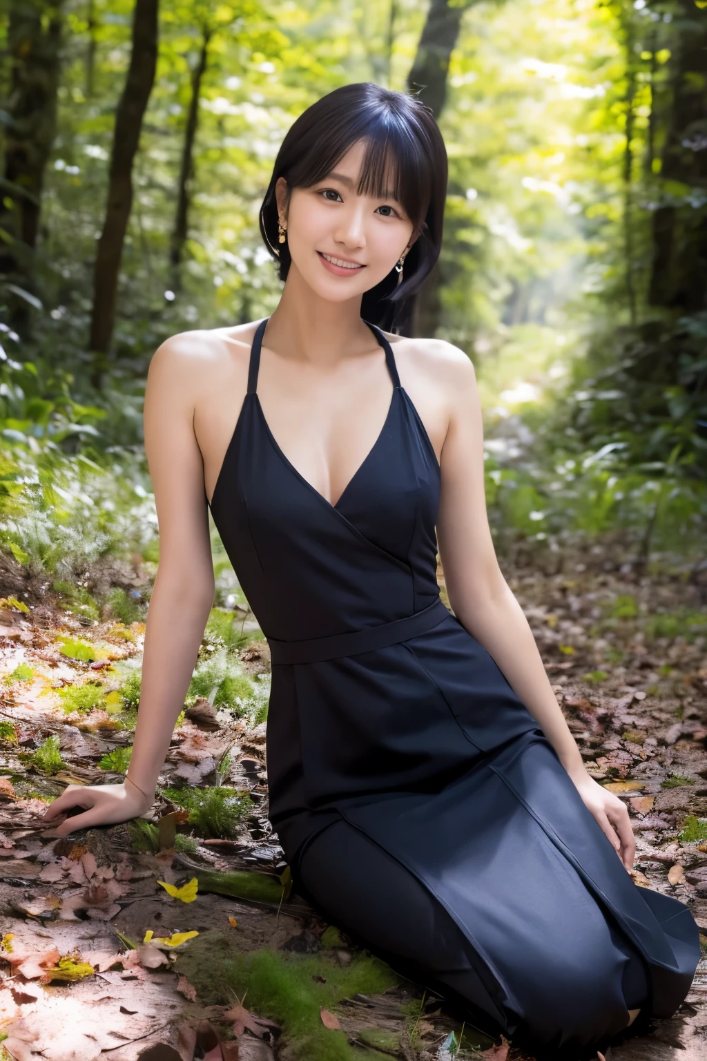 (dense forest: 1), the fine morning, 1 woman, Skinny Japanese woman, {30|40} years old, (detailed facial features), light brown eyes, detailed eyes, small breasts, very thin waist, ((correct anatomy)), black clothing, (Photorealistic), (Complex Detail: 1.2), (masterpiece, :1.3), (highest quality: 1.4), (Ultra High Resolution: 1.2), Strong sunlight, 8K, (Lens Flare: 0.7), turned around, Feminine pose, full body, Tight waistline