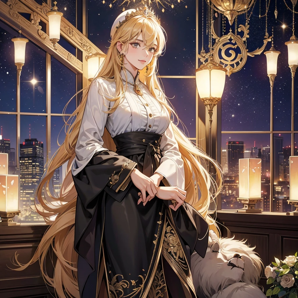 1girl, 34 years old, handsome confident businessman, powerful emperor Constantine the Great, warm gentle smile, lion-like piercing gaze, high-end luxury suit, grand opulent hotel lobby, sparkling jewels of Istanbul, fantastic futuristic cityscape, overwhelmingly dominant aura, best quality, 8k, highres, masterpiece:1.2, ultra-detailed, realistic, photorealistic:1.37, HDR, UHD, studio lighting, extreme detail description, vivid colors, bokeh