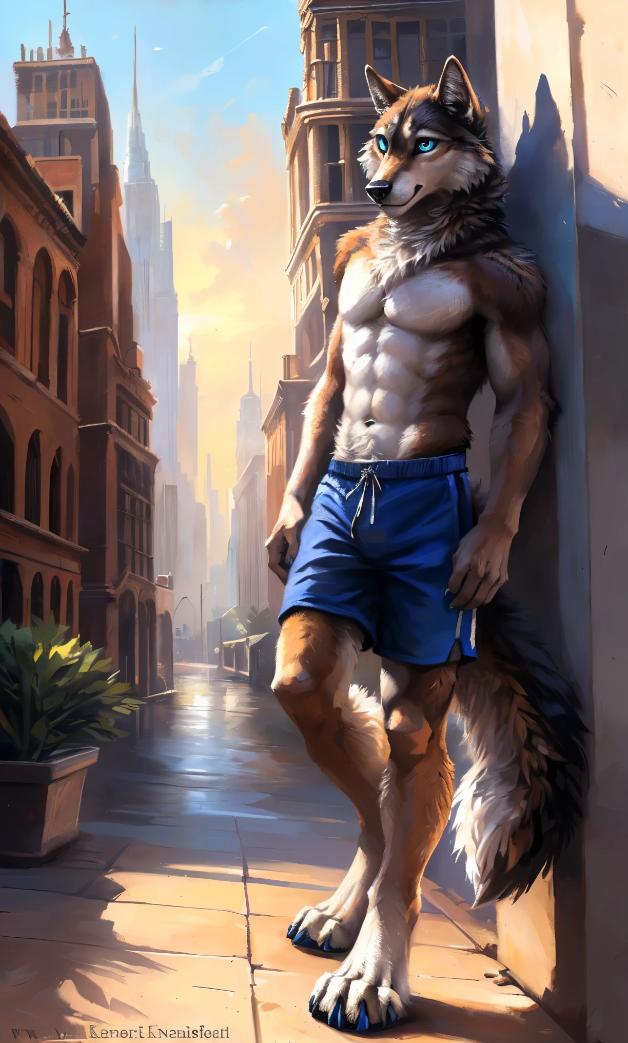 ((Solo)), male people, anthro wolf, (Multi-colored fur, White-brown:1.3,White tail pointed), (Height 2.1m,Tail length 1.2m), ((Wolf face, Big eyes, White eyelids, Blue pupil, Slim:1.2) (Tough, Calm expression:1.2)), Abs, Slim, pinging)), (Correct anatomy), (Work shorts:1.1), The upper body naked, (detailed outfits),A long big tail,Feet,(Realistic fur, Detailed fur texture, labeled:1.3)), (Natural lighting), Photorealistic, Hyperrealistic, ultradetailed, by Kenket,Modern city,erect through,Running on
