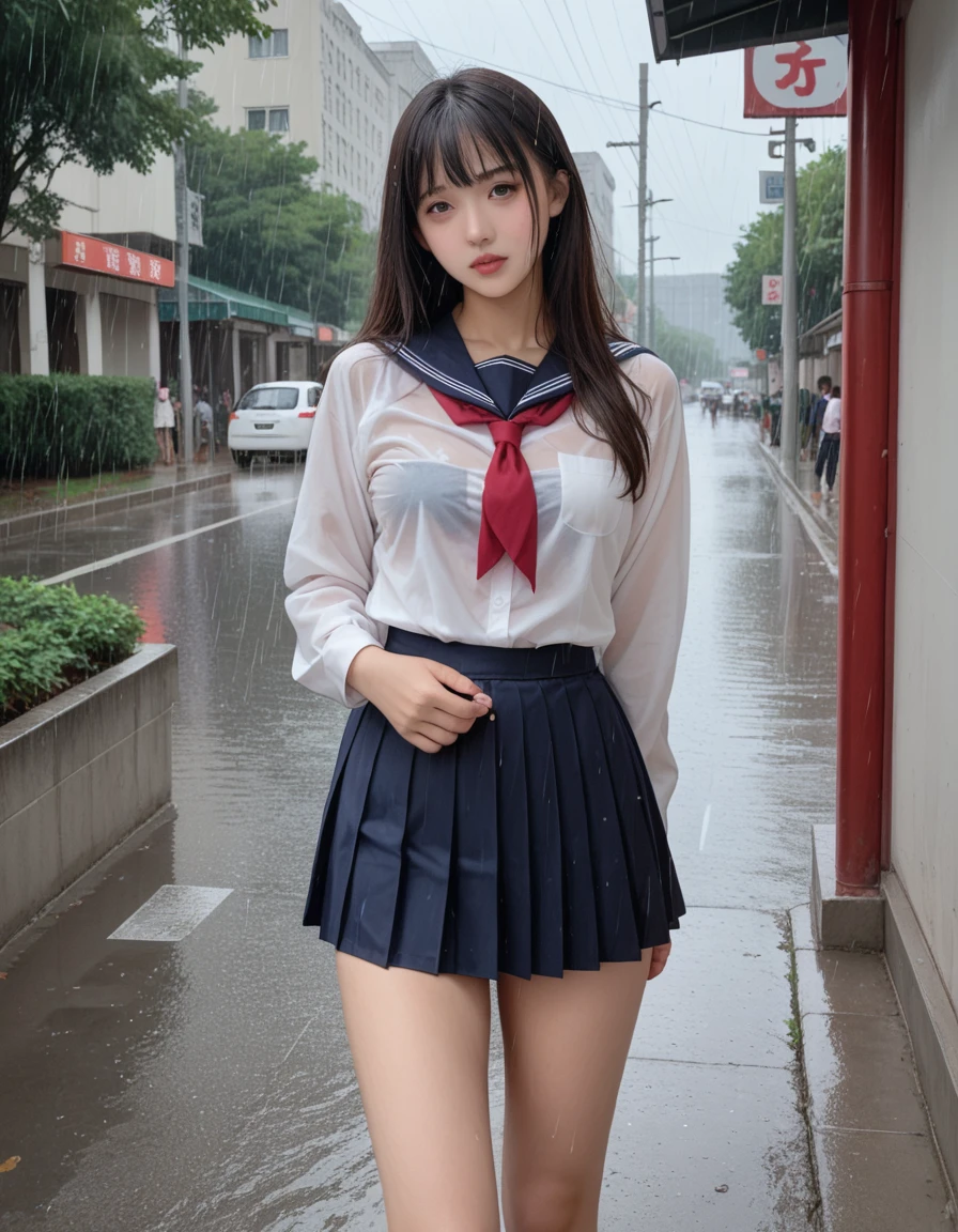 score_9,score_8_up,score_7_up,8K, breasts, A beautiful Japanese woman, High school girl in the rain, (Her uniform is transparent and her underwear is visible:1.2)、(skirt:1.2)、Photorealistic and realistic Shibuya city background