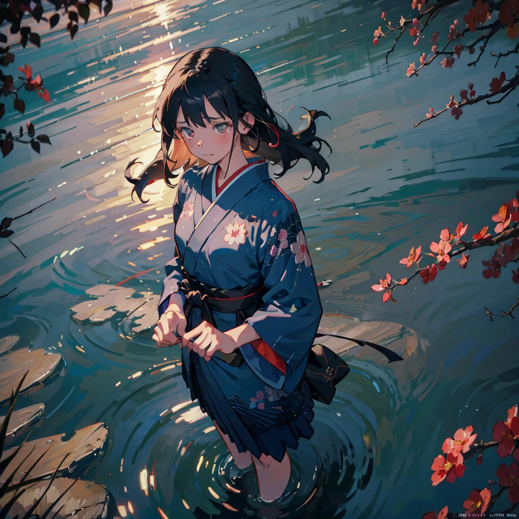 (masterpiece), (high resolution 8K), professional illustration, 1 girl, late teenage, standing, long shot, dutch angle, japanese clothes, kimono, medium hair, blush, erotic expression, looking away, waterfalls, clear streams, morning, natural lighting, high contrast, stunning face, symmetrical clear eyes, detailed eyes and face, Shinkai Makoto style