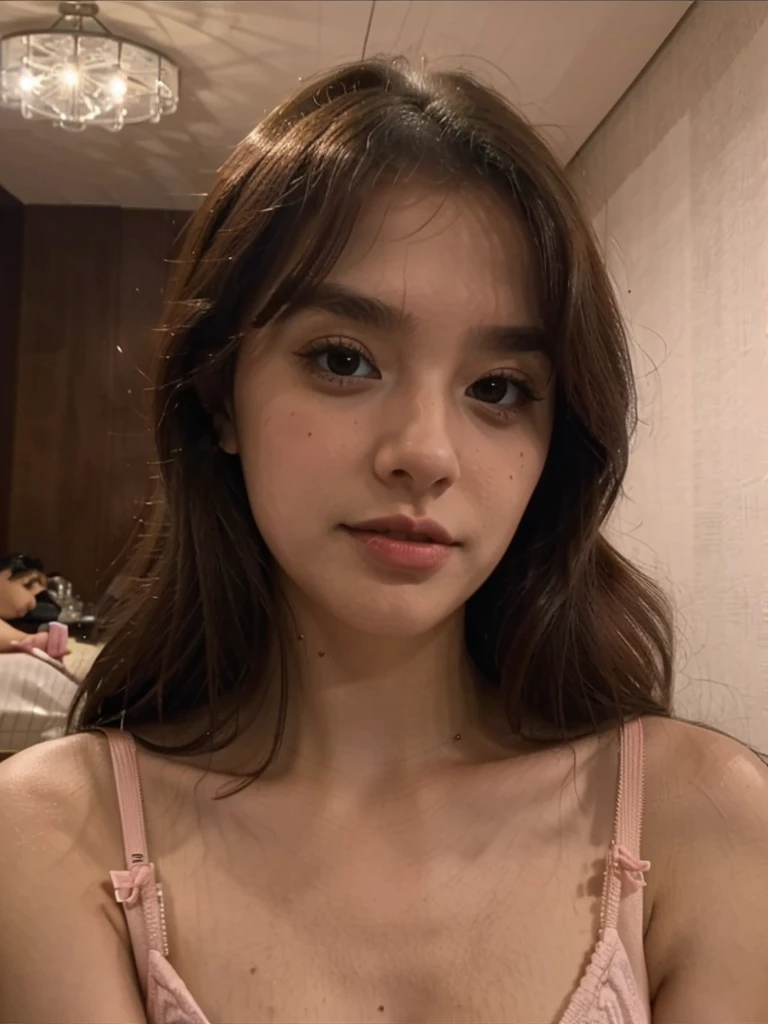 Beautiful young woman , big brown eye, small nose, round lips, in hotel romm, at night, wearing pink lingerie,
