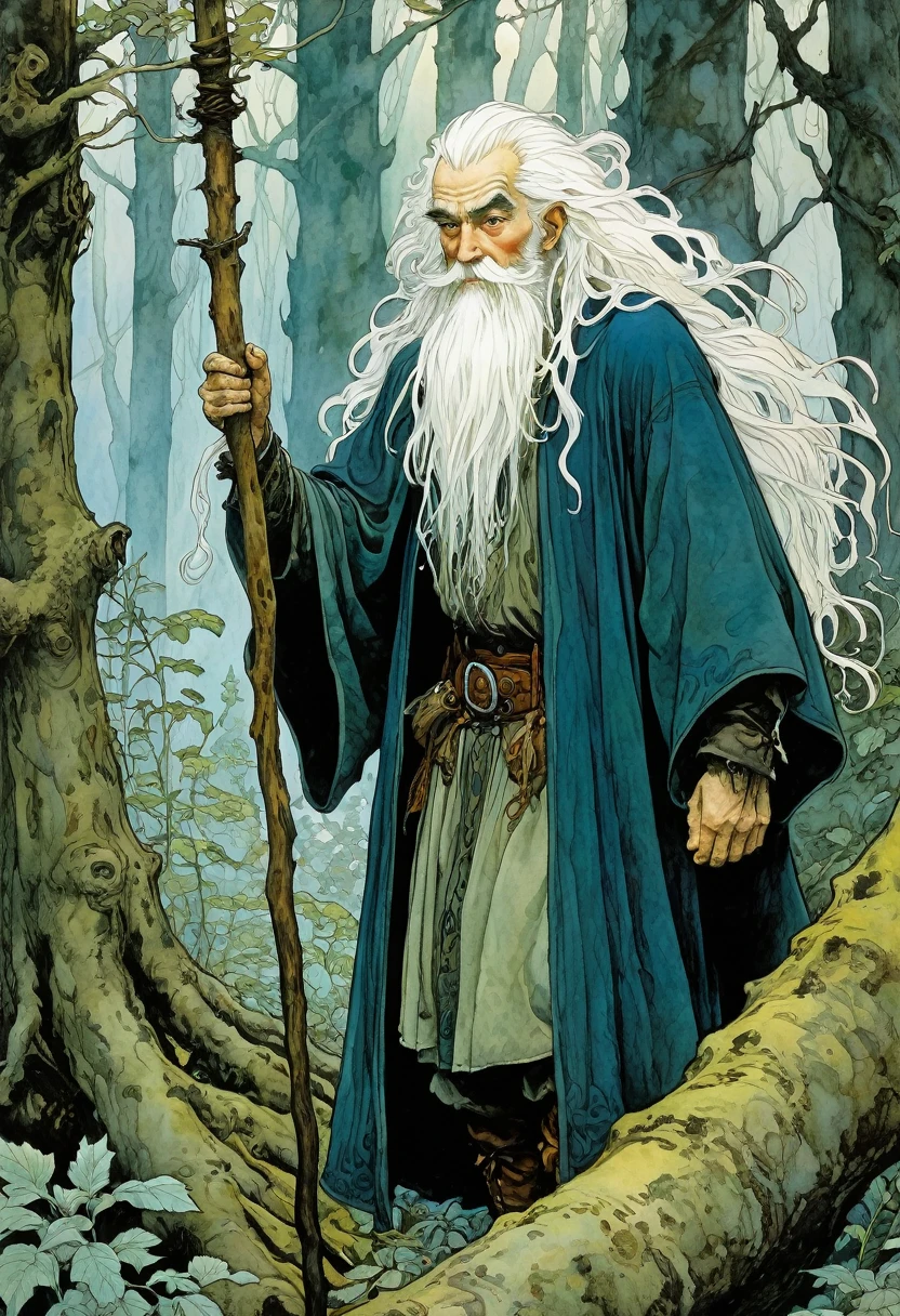 painting of a man with white hair and a white beard in a forest, charles vess. high detail, arthur rackham. masterpiece, art style of john blanche, inspired by charles vess, arthur rackham art, by charles vess, full color illustration, baba yaga, arthur rackham painting, brian froud juan gimenez