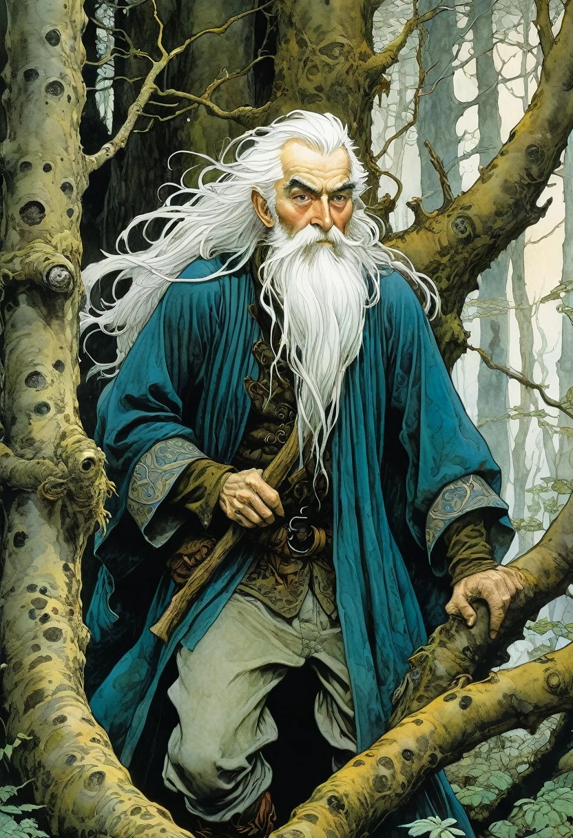 painting of a man with white hair and a white beard in a forest, charles vess. high detail, arthur rackham. masterpiece, art style of john blanche, inspired by charles vess, arthur rackham art, by charles vess, full color illustration, baba yaga, arthur rackham painting, brian froud juan gimenez