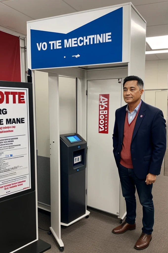 There is a voter machine in which a man standing near the voter machine is getting people to vote.